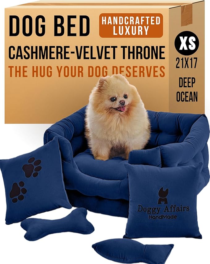 Luxury Dog Bed Chesterfield – Handcrafted Velvet Throne for Dogs | Joint Support, Calming & Temp-Regulating Comfort | Durable 5+ Years, Anti-Claw, Washable 100+ Times – XS, Blue