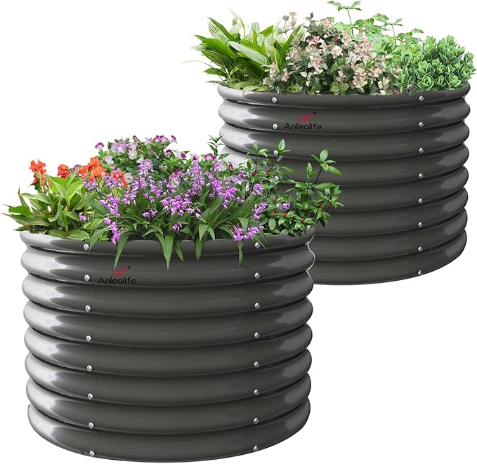 A ANLEOLIFE 2-Pack 3ft x 24” Tall Galvanized Raised Garden Beds Outdoor, Round Metal Planter Box for Planting Vegetables Flowers Herb, Anti-Rust & Easy-Setup, Quartz Grey