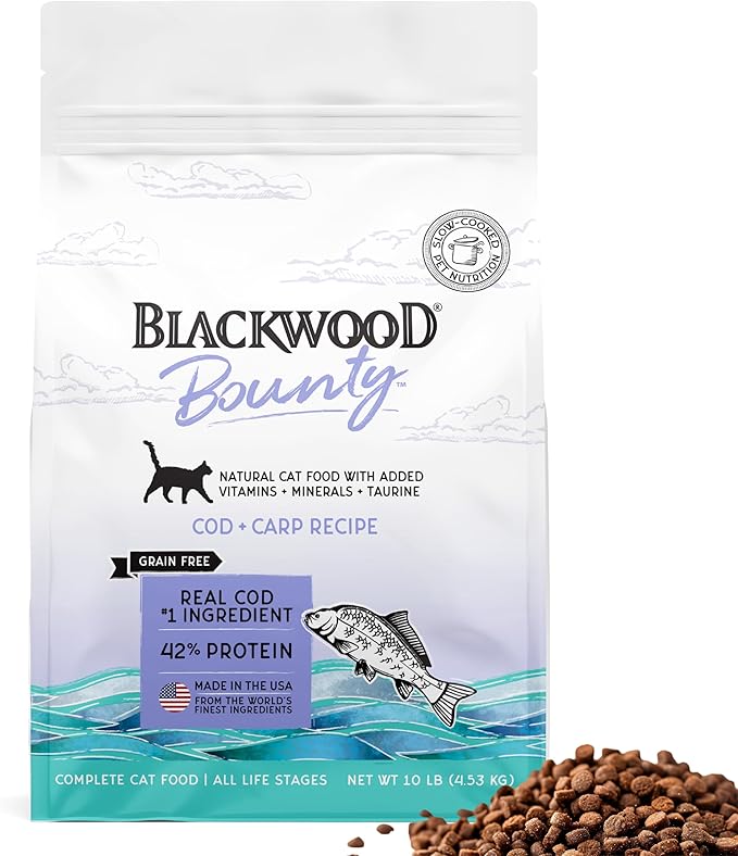 Blackwood Bounty Dry Cat Food, Cod & Carp Recipe for All Life Stages, 10 Pound Bag, High Protein, Grain Free