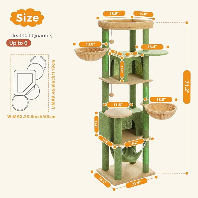 71.2" Large Cat Tree for Multi-Cat Households - 9-Level Cat Tower w/5 Sisal Scratching Posts, 2 Condos, Soft Hammock, Top Perch & Pom Poms - Heavy-Duty Space-Saving Design, Cactus Green