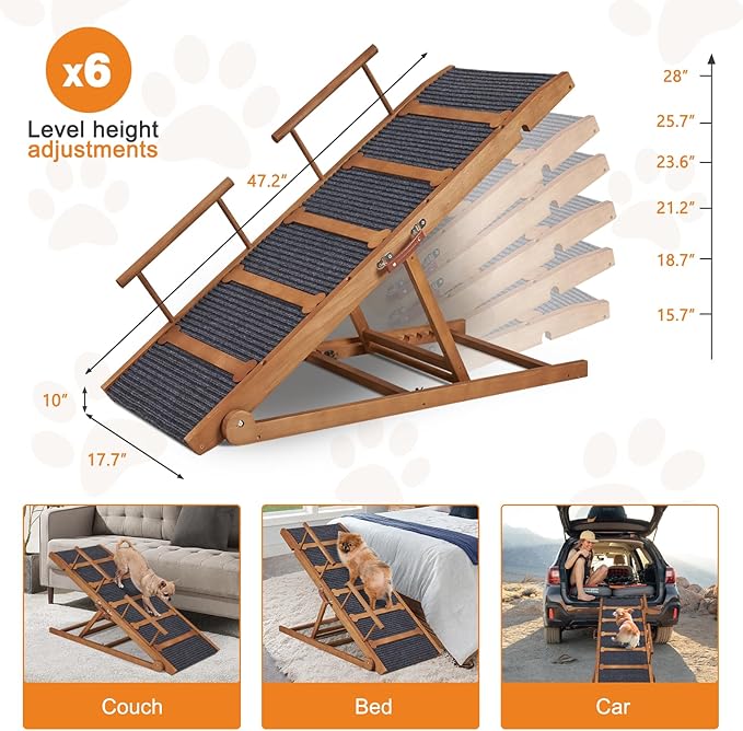 Wooden Dog Ramp for High Bed, 47.2" Long Non-Slip Dog Ramp for Couch, 6 Adjustable Heights from 15.7" to 28" with Side Rails for Small Medium Large Dogs(Up to 160 Lbs)