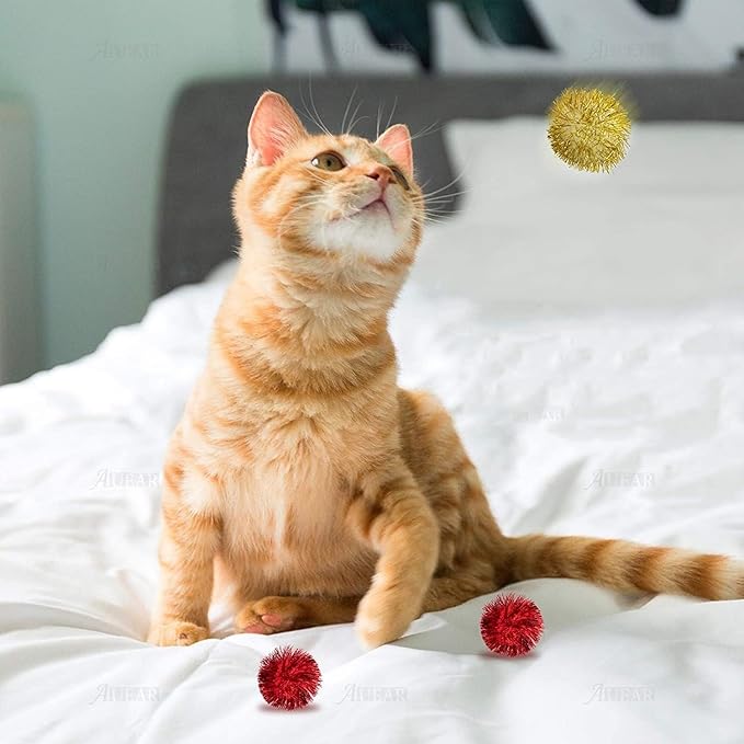AUEAR, 12 Pack 2 Inch Sparkle Ball Shiny Glitter Tinsel Pom Poms Interactive Cat Balls for Kittens (4 Colors, 12 Inch-12 Pack)