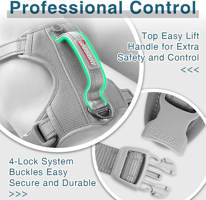 BARKBAY Dog Harness No Pull with ID Tag Pocket - Heavy Duty, Reflective, Easy Control for Large Dogs(Grey,XL)