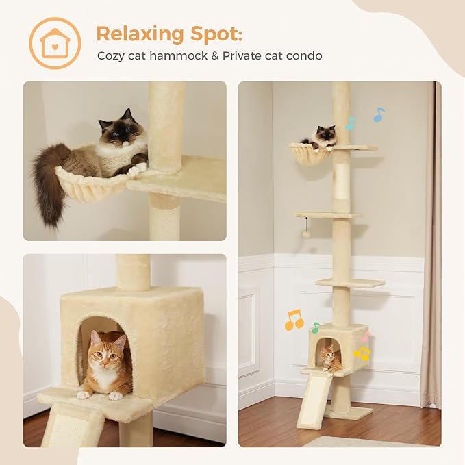 PEQULTI Floor to Ceiling Cat Tree, Tall Cat Tower, Adjustable Height (83''-108'') 5 Levels Climbing Tree for Indoor Cats with Cat Condo, Cozy Hammock and Scratching Post, Beige