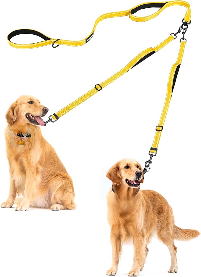 PetBonus Double Dog Leash, No Tangle Dual Leash, Reflective Walking Training Lead, 4 Comfortable Padded Handles for 2 Dogs with Collapsible Bowl and Waste Bags (Yellow, Large)
