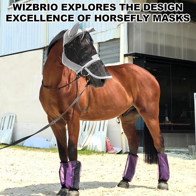 Luminous Horse Fly Mask with Long Nose, Ears, Full Face & Eye Protection - Full Mesh, Detachable Nose Cover, Fleece Padded Edging, Hook-and-Loop Straps with Webbing, Hanging Straps Grey