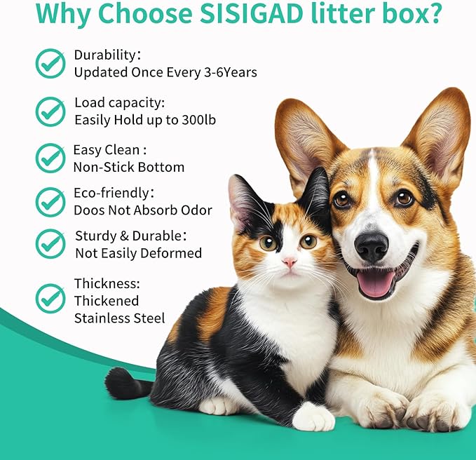 XL Cat Litter Box,24" Stainless Steel Litter Box,Large Big Cats,Extra Large Kitty 17" High Wall Sides Enclosure,Non-Sticky Easy Cleaning,Include Litter Scoop