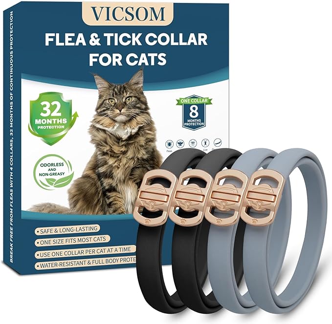 Flea and Tick Collar for Cats - 4 Pack, 32 Month Protection Treatment, Waterproof, Natural Prevention, Adjustable for Cats & Kittens (Black Grey)
