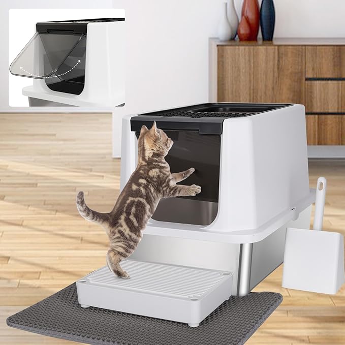RIZZARI Stainless Steel Cat Litter Box, Odorless Enclosed Litter Box with Top Holes, Large Litter Pan for Small to Large Sized Cats (Black, 23.8" L*15.9" W*16.1" H)