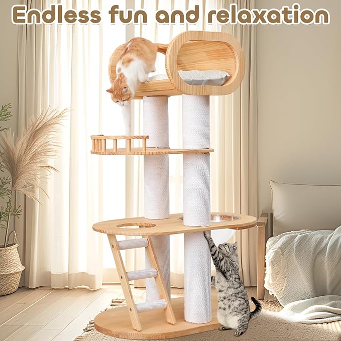 63'' Tall Modern Cat Tree for Indoor Cats, Luxury Cat Tree, Multi-Level Wood Climb Tower for Large Cat, Heavy Duty Kitty House with Transparent Bowl, Large Perches with Removable Cushion