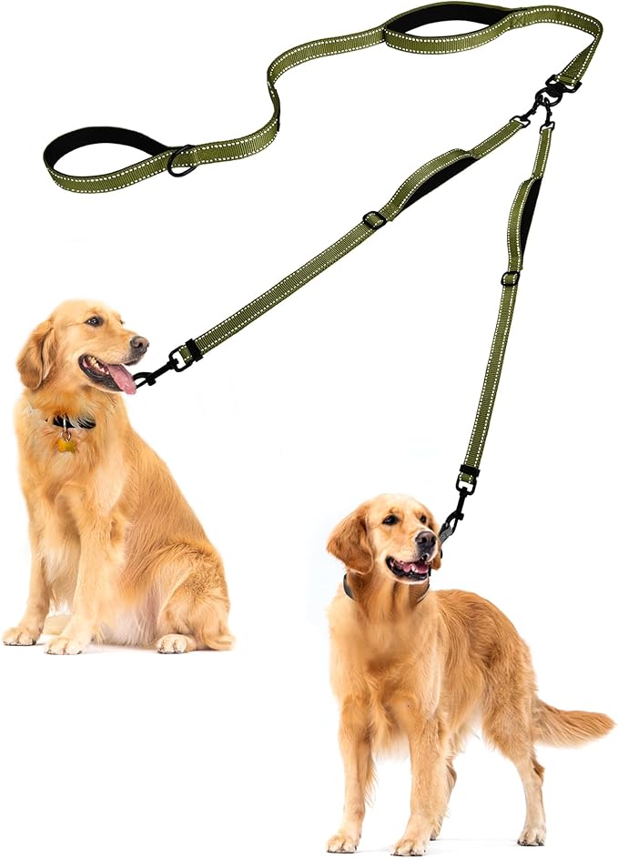 PetBonus Double Dog Leash, No Tangle Dual Leash, Reflective Walking Training Lead, 4 Comfortable Padded Handles for 2 Dogs with Collapsible Bowl and Waste Bags (Army Green, Large)