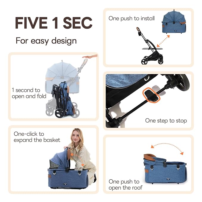 X-Fold Dog Stroller for Small/Medium Dogs up to 55 Lbs, Premium 3 in 1 Pet Stroller, Large All-Terrain Rubber Wheels, Navy Blue