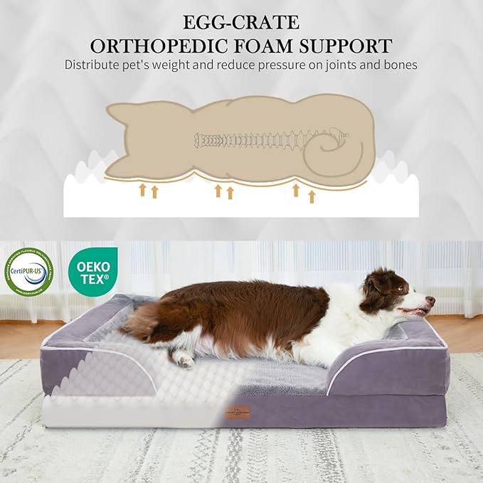 Comfort Expression Large Dog Beds Waterproof Orthopedic Foam Dog Sofa Beds Comfy Pet Bed with Washable Removable Cover & Non-Slip Bottom(Large,Purple)