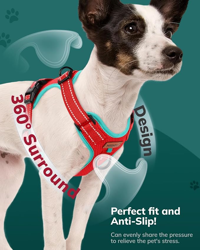 MIDOG No-Pull Dog Harness | Adjustable & Reflective Pet Harness Leash Set for Small Medium Large Dogs Walking, Training| No Choke, Front Clip, Soft Padded Vest with Easy Control Handle - Red, L
