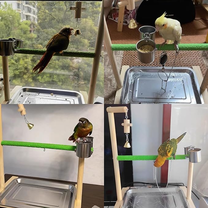 Bird Palyground, Parrot Playstand Natural Wood, Bird Perch Stand Gym with Feeder Cups and Removable Tray, Bird Cage Accessories for Parakeets Cockatiels Lovebirds
