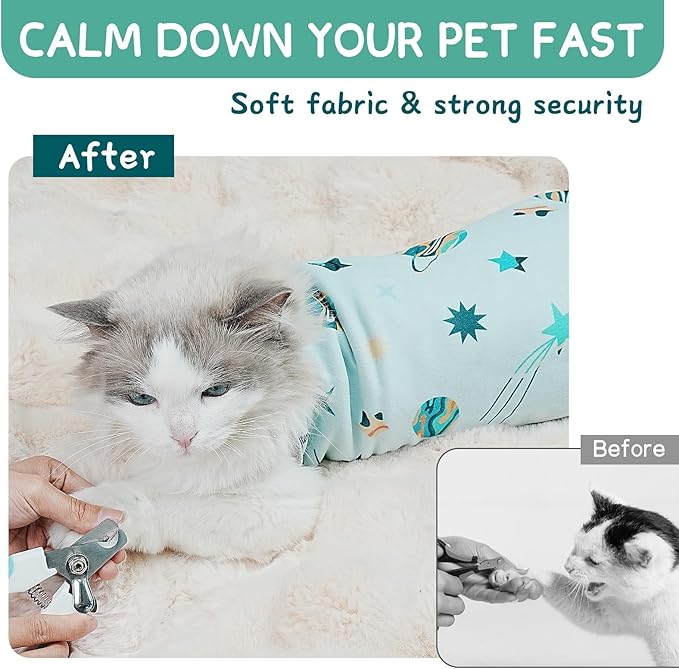 Cat Wrap for Cutting Nails, Self-Adhesive for Grooming, Anti-Scratch Cat Swaddle Wrap for Medicine, Nail Clipping, Teeth Brushing, Ear Cleaning