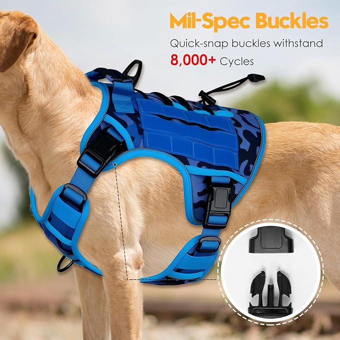 Heavy-Duty Tactical Dog Harness for Large Dogs, No Pull Adjustable Reflective Pet Vest with Molle System, K9 Military-Grade Control for Service Training, Outdoor & 10+ Breeds, Blue Camo, XX-Large
