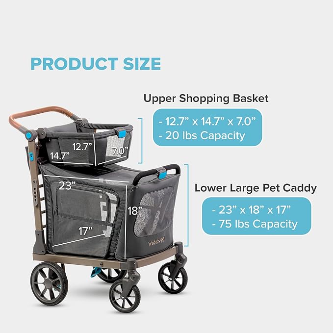 Pet XL Foldable Cart - Adjustable & Portable Pet Stroller with Caddy, Shopping Basket, Foam Filled Rubber Wheels & Storage - Carriage for Small & Medium Dogs, Cats Under 75 lbs