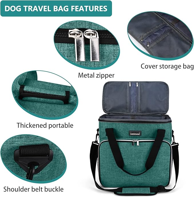 BAGLHER Pet Travel Set Airline-Approved Carrier for Small/Medium Cats & Dogs + Travel Bag with Food Containers & Silicone Bowls, Grey & Green
