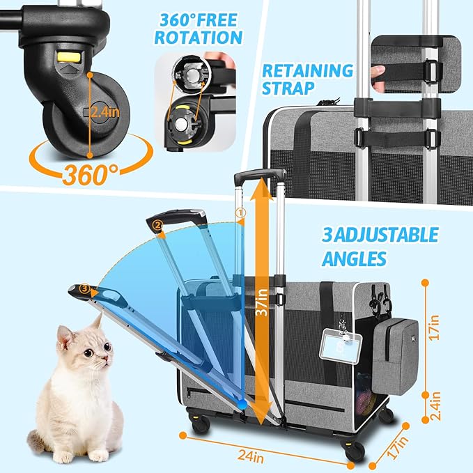 Petskd Extra Large Cat Carrier with Wheels and Litter Box 24"x17"x17" for Large Cat or 2 Small Cats, Collapsible Soft Sided Pet Carrier for Car Travel with Lockable Safety Zippers(Grey)