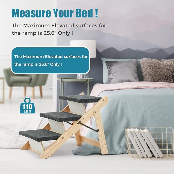 MEWANG Wood Pet Stairs & Ramp for Small/Medium Dogs and Cats, Aging Pets – 3-in-1 Foldable, Portable, Non-Slip Pet Ladder for Tall Beds, Couches,Cars–Holds Up to 220 lbs (24.8" L x 17.2" W x 19.5" H)
