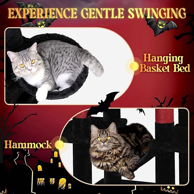 Globlazer Gothic Corner Cat Tree Tower with Scratching Post for Indoor Cats, 51inch Goth Cat Condo Tower with Large Hammock, Fan-Shaped Padded Perch, Spacious Cat Cave, Hanging Basket, C51, Red Black