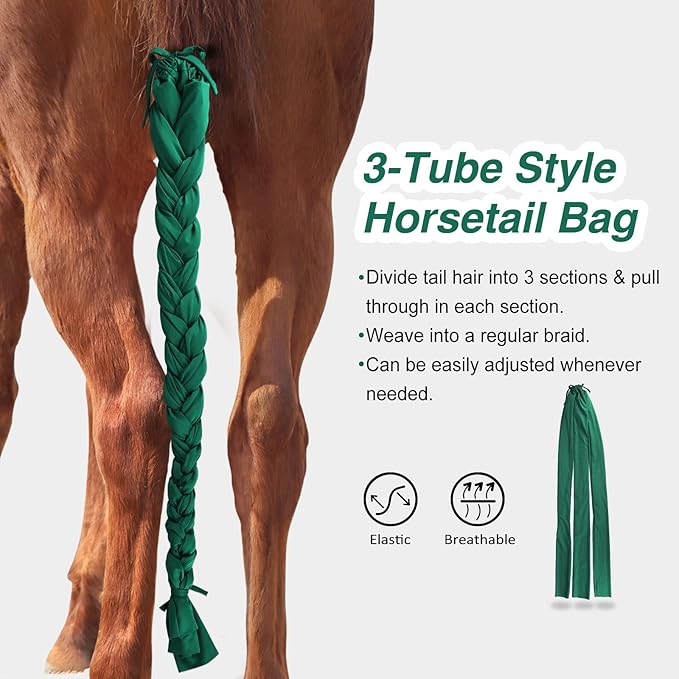 Harrison Howard 3 Tube Stretchy Fabrics Adjustable Closure Lightweight Horse Tail Bag for Horses Braid-in Tail Bag