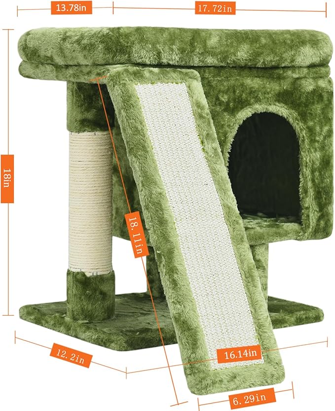 YANDLVY Small Cat Tower for Cats, Cute Cat Tree for Indoor Cats, Kittens Condo with Scratching Post and Board, Cat Cave, Modern Cat Activity House with Plush Perch (Green)
