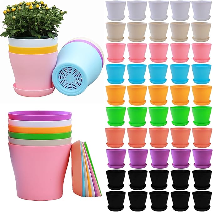 50 Pack 4 Inch Plant Pots Bulk Small Plastic Planters Pots with Drainage Holes Flower Pot for Succulent, Cactus, Herb, African Violet (50pcs-Multicolor, 4Inches)