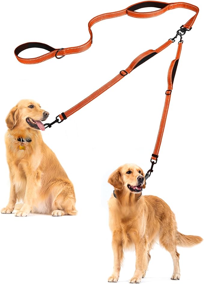 PetBonus Double Dog Leash, No Tangle Dual Leash, Reflective Walking Training Lead, 4 Comfortable Padded Handles for 2 Dogs with Collapsible Bowl and Waste Bags (Orange, Large)