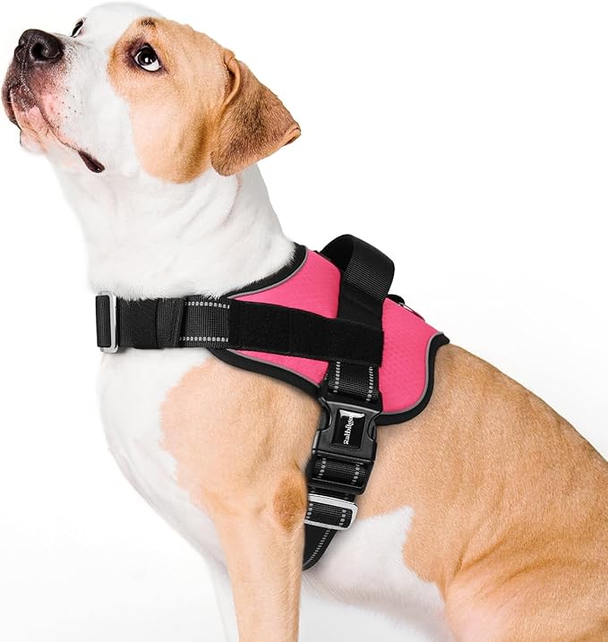 rabbitgoo Dog Harness for Large, Easy On Pet Vest with One Buckle, No Pull Adjustable Service Harness with D-Ring & Handle, Reflective for Safety Walking, Training, Pink, L