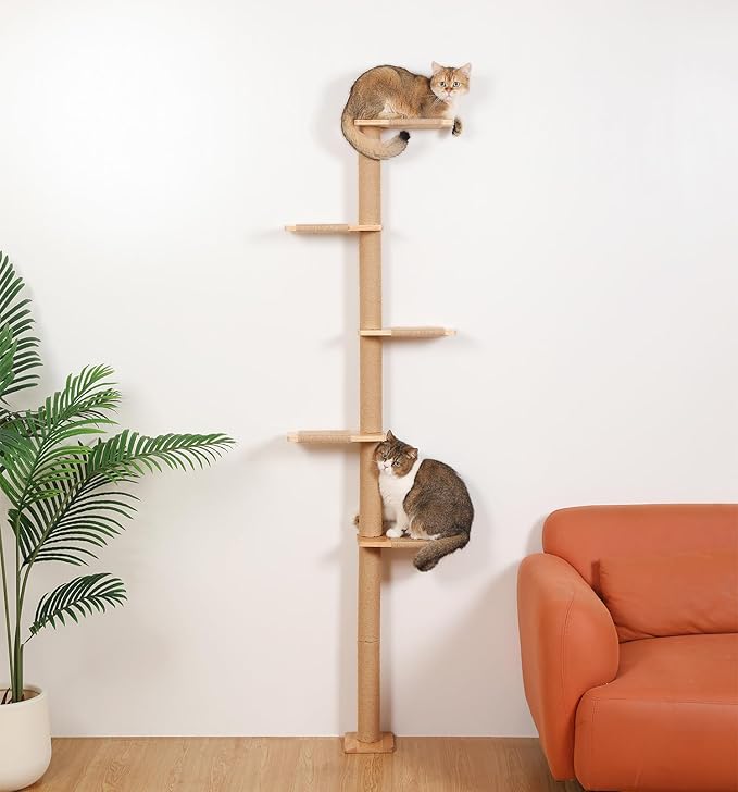 5 Tier Floor to Ceiling Cat Tree Tower with Wall-Mounted Scratching Post, Playful Wall Climbing Shelves for Cats, Ideal for Kittens to Climb, Scratch, and Lookout, Wild Simulation Design