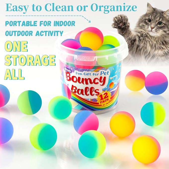 Cat Toy Bouncy Balls, 12 Pack 1.65 Inch High Elasticity Bouncing Balls for Cats, Colorful Interactive Pet Toy Gift for Puppy Kitty Indoor Play and Exercise
