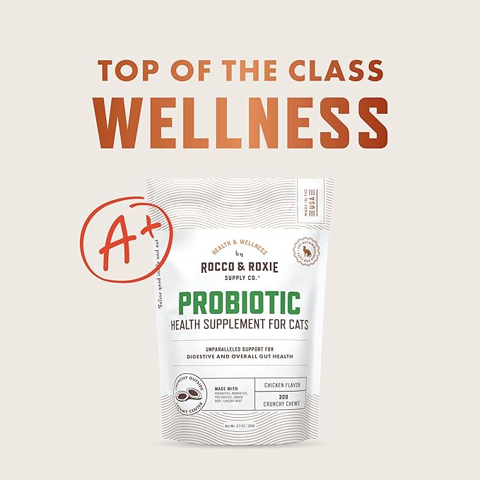 Rocco & Roxie Cat Probiotic Health Supplement for Cats, Prebiotic and Postbiotic for Digestive + Gut Support, Constipation Relief, Anti Diarrhea, Supplements & Vitamins, Chicken Flavored Crunchy Chews