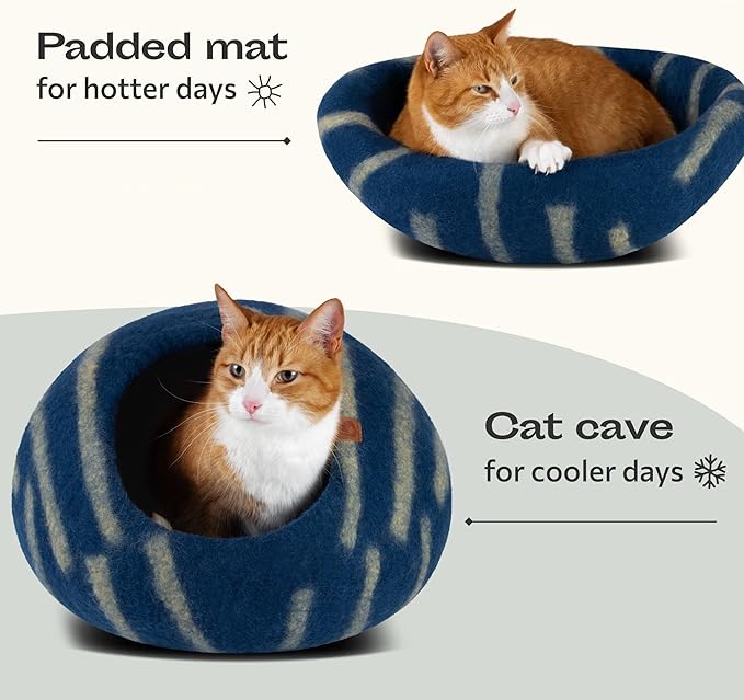 MEOWFIA Cat Cave – Premium Felt Cat Bed for Indoor Cats, Handmade 100% Merino Wool (Medium, Deep Azure)