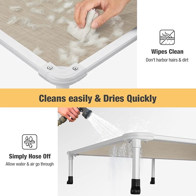 Veehoo Chew Proof Elevated Dog Bed - Cooling Raised Pet Cot - Silver Aluminum Frame and Durable Textilene Mesh Fabric, Unique Designed No-Slip Feet for Indoor or Outdoor Use, Beige Coffee, Medium