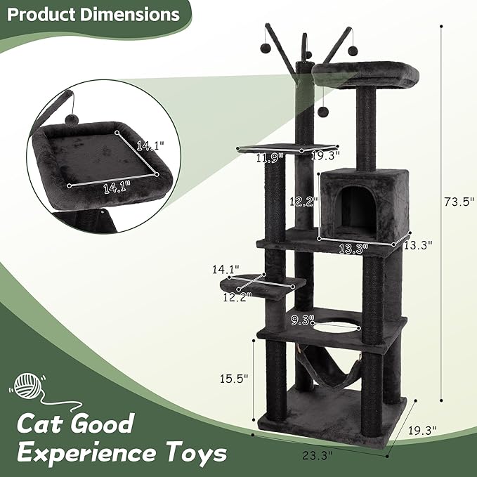 KAMABOKO Cat Tree, 73.6" H Tall Climbing Modern Indoor Play Tower for Large Cats and Kittens, Cats House with Cat Cave Condo, Cat Tree Hammock, Multi-Level Cat Activity Tree, and Cute Scratching Posts