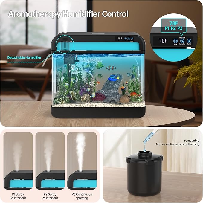 Fish Tank Aquarium 6.3 Gallon Fish Bowl with Music Humidifier 7 Color Auto-Looping Light Adjustable Quiet Pump, Temperature Display, Bottom Water Changer, HD Float Glass, Leak-Proof Thickened Base