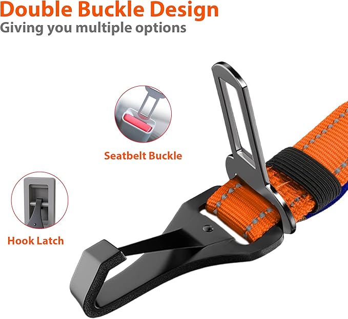 IOKHEIRA Orange Dog Seatbelt - Adjustable Reflective Bungee Harness with Aluminum Swivel Carabiner