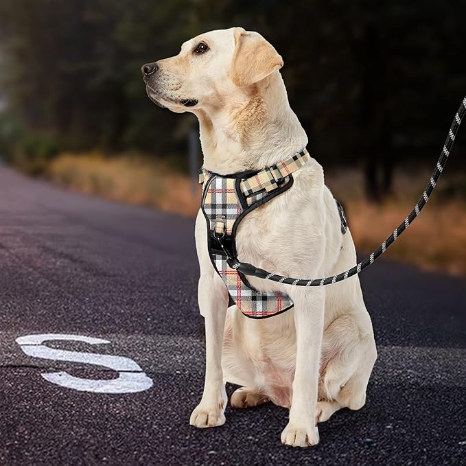 IVY&LANE No Pull Dog Harness with Leash Set, Reflective No Choke Pet Vest,Adjustable Oxford Dog Vest Harness with Easy Control Handle for Large Dogs (Checkered Beige,XL)