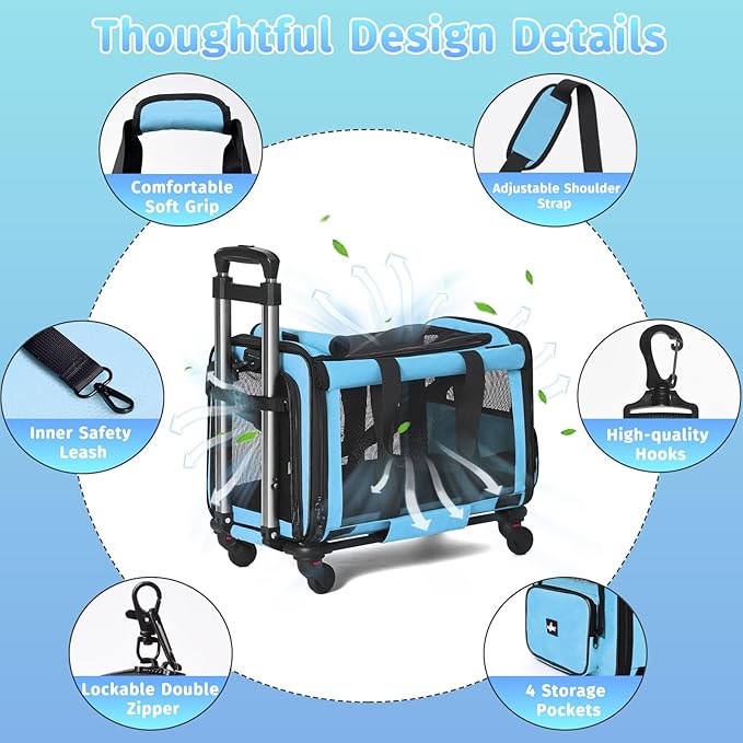 Pet Carrier with Wheels, Durable Airline Approved Cat Crate, Foldable Rolling Dog Carrier, Cat Rolling Bag for Cat &Dog, Use for Travel, Outdoor, Vet Visits, Camping, Indoor. Blue.