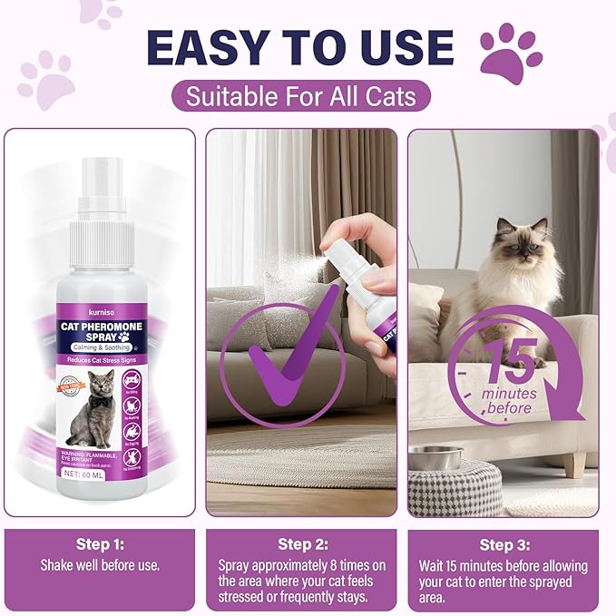 Cat Calming Pheromone Spray, 2 Pack, Calming Spray for Cat Anxiety Relief, Reduce Stress, Hiding & Scratching Furniture - During Travel, Fireworks, Thunder, 60 ML