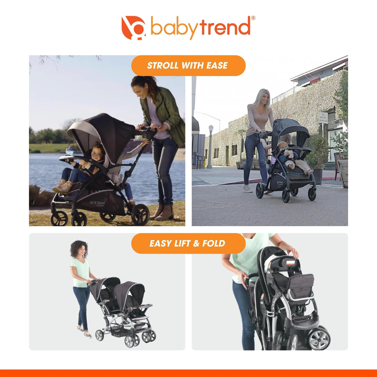 Baby Trend Double Infant and Toddler Stroller w/ Harness and Basket, Sit N' Stand, Stormy - Convertible Twin and Tandem Strollers for Babies