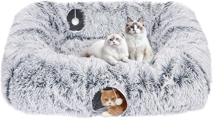 Extra Large Cat Tunnel Bed, 4 Ways Tunnels for Indoor Cats, Multi-cat Family Peekaboo Cave & Cat Bed, Plush Cat Donut with Washable Middle Mat, Exit Balls, Pet Play Toy for Kitten Puppy Rabbit