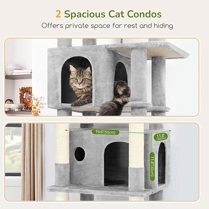 Globlazer Large Cat Tree Tower, Tall Cat Tree Condos for Indoor Cats Large Adult Cat Climbing Tower with 2 Spacious Caves, Oversized Top Perch, Big Hanging Basket, Cat Teaser Wand, F74B, Light Grey
