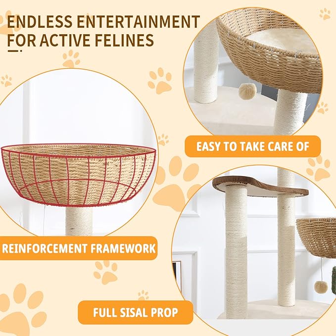 52" Modern Cat Tree Tower for Large Cats, 3Cat Nests Manual Hand Woven Multilevel Huge Paws Pals Cat Tree, Wood Cat Tower, Cat Scratching Tree, Cat Condo, Cat Lover Gift