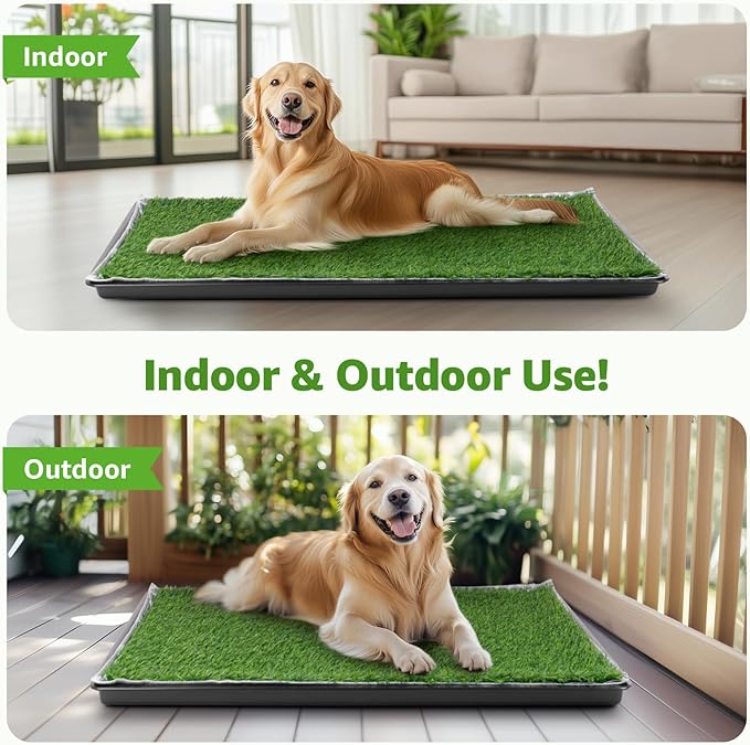 LOOBANI 45x29in Large Dog Litter Box with 2 Artificial Grass Patch + 2 Washable Pee Pads, Quickly Absorbency Portable Patio Potty for Balcony Apartment Use