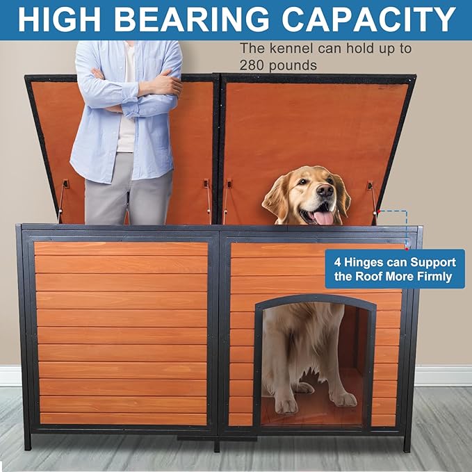 Extra Large Dog House Outdoor Weatherproof 59.1" Outside Wooden Dog Kennel, Chewproof Strong Iron Frame Window