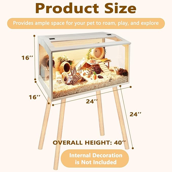 Prolee Hamster Cage Wooden Chew Proof, Extra Large Mice and Rat Habitat Openable Top with Acrylic Sheets Solid Built Small Animal Cage with Leg Stands, 24 Inch Long