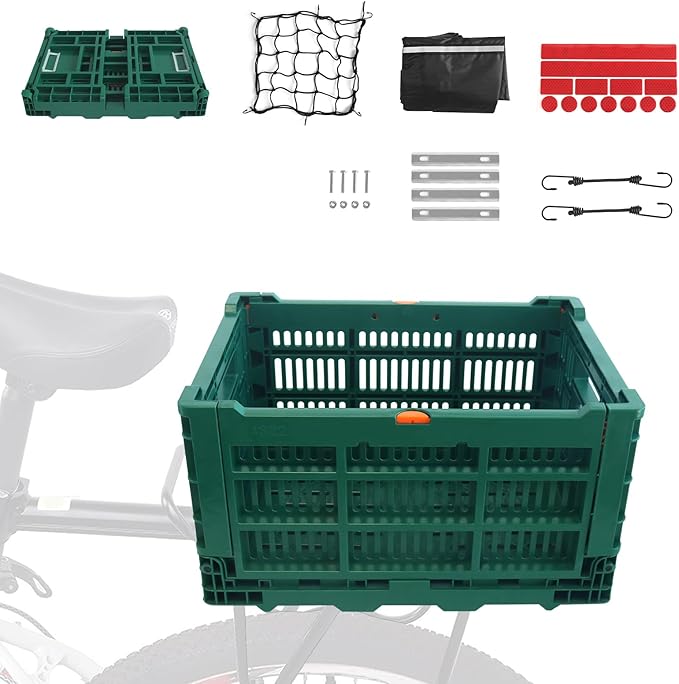 Foldable Large Green Plastic Bicycle Rear Basket with Cargo Net and Waterproof Cover Net for Shopping Outings, Pets, School, Picnics or Outdoor Activities, Easy to Install on Rack Mount